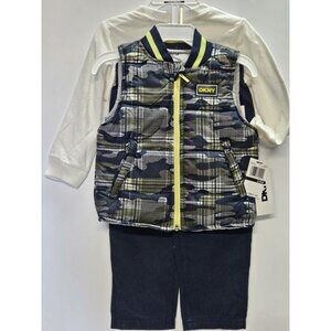 DKNY  Size 24 M Set‎ Of 3, Green- Blue Vest/ Blue Pants/ Cream Long Sleeve Print